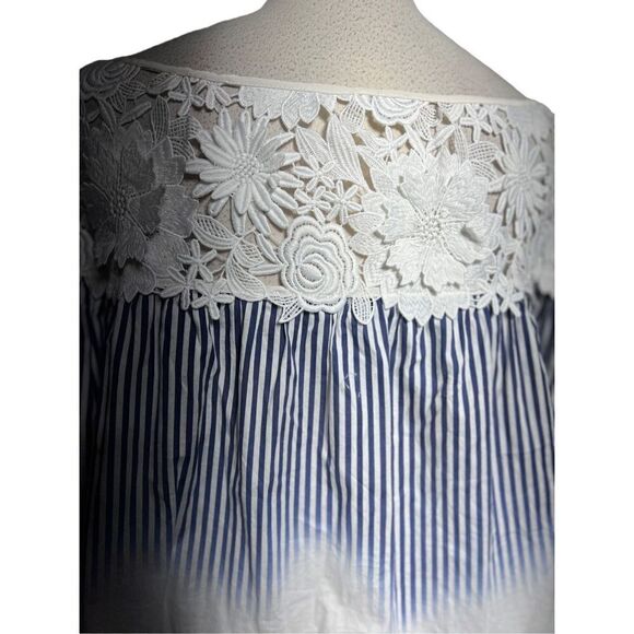 Milly Off The Shoulder Striped Trumpet Sleeve Blouse Size 4 Blue and White - Picture 5 of 7
